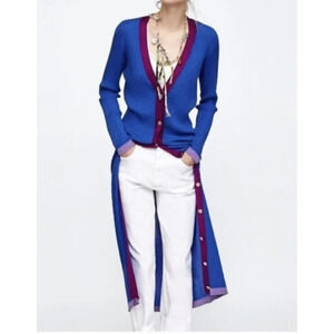 Zara Metallic Thread Knit Womens Small Blue Ribbed Maxi Cardigan / Dress